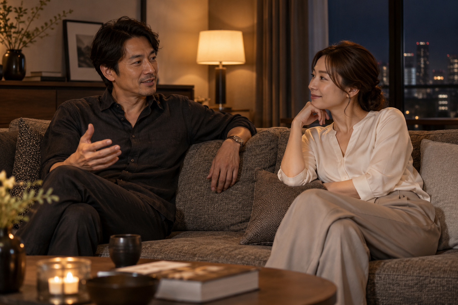 夜のソファで落ち着いて話す成人のふたりのイメージ