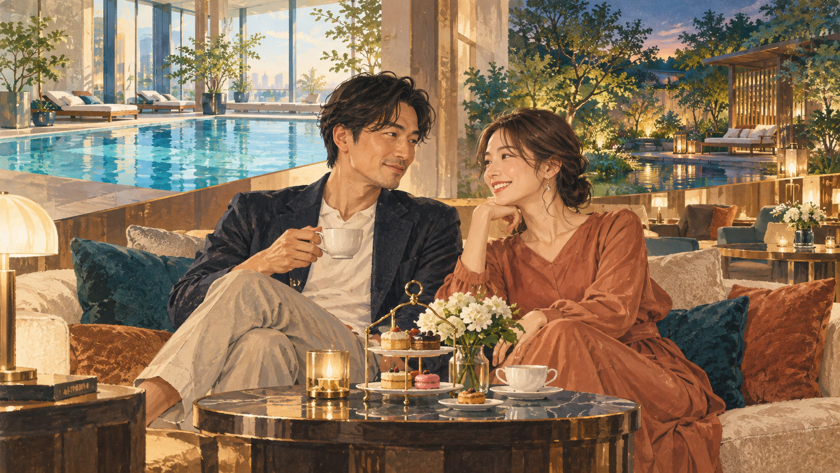 ホテルのラウンジでお茶と会話を楽しむ成人カップルのイメージイラスト